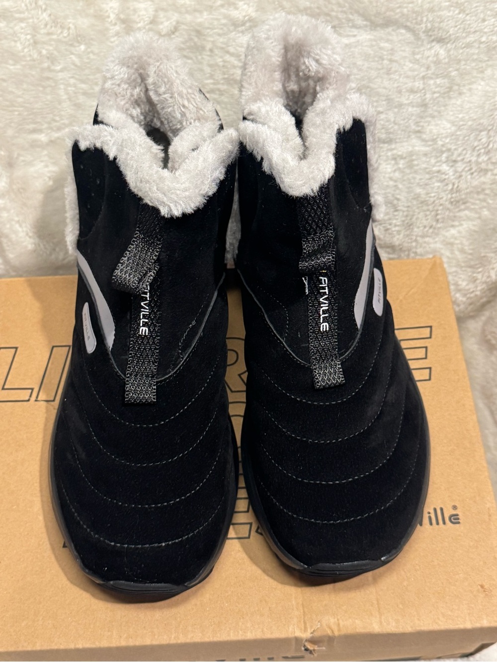 FitVille Women's Black Faux-Fur Winter Slip-On Ankle Boots